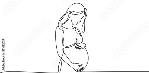 Single one line drawing Young beautiful pregnant woman standing with big belly. one line Art icon drawing vector