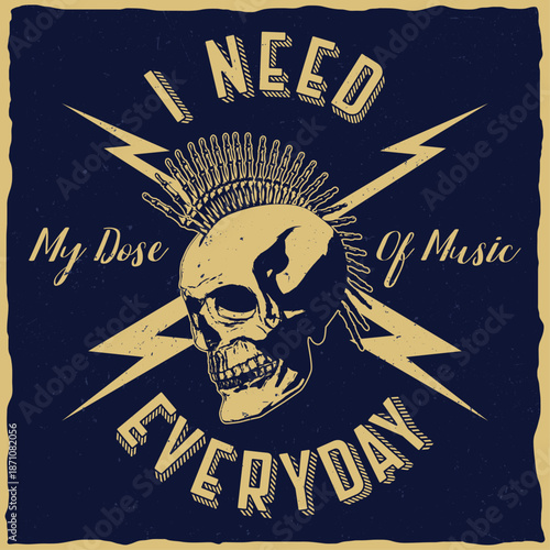 Skull with Mohawk and Lightning Bolts on Dark Blue Background with Yellow Text