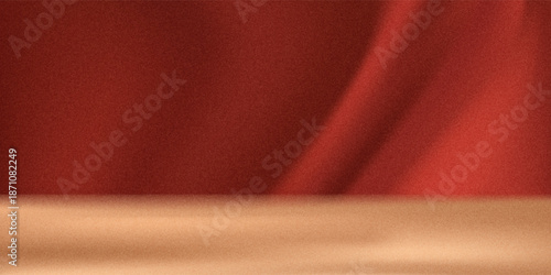 Empty table on dark red wall. Square background with window light and shadow. Mockup for presentation, branding products, cosmetics, food, technology or jewelry.