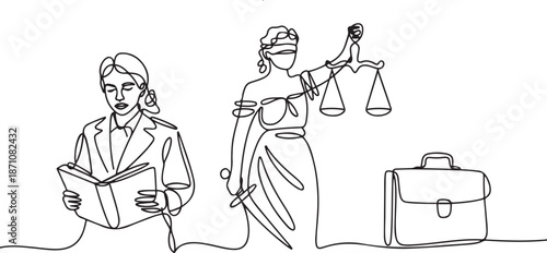 Single one line drawing law set concept. Female judge with book, Lady justice statue and Lawyer bag. one line Art icon drawing vector