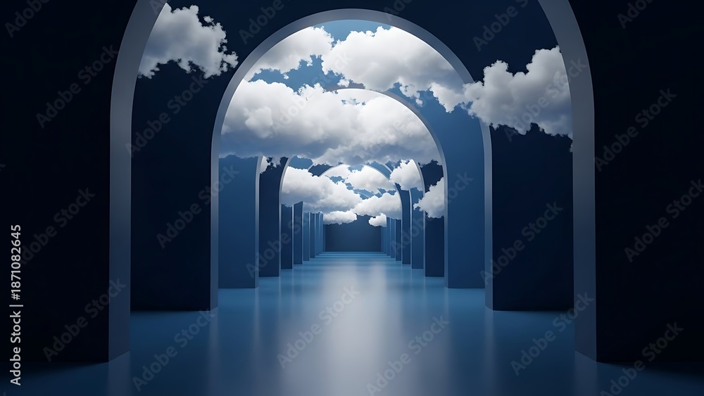 Fototapeta premium Futuristic Blue Tunnel with Cloudscape Ceiling in Surreal Architectural Style