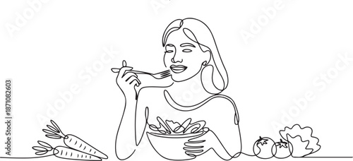 Single one line drawing young happy woman eating vegetarian food. World food day concept. one line Art icon drawing vector