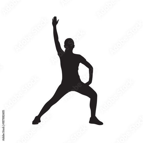 Fitness enthusiast or yoga practitioner striking active warrior pose exercise silhouette vector graphic