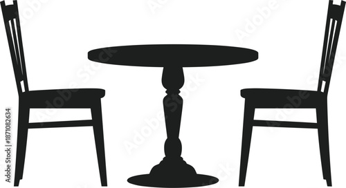 Black silhouette of a round table and two chairs on a white background furniture