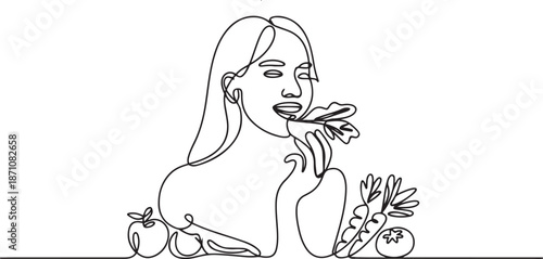Single one line drawing young happy woman eating vegetarian food. World food day concept. one line Art icon drawing vector