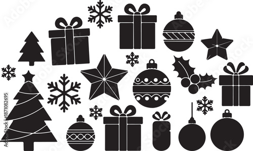 Black and white Christmas holiday including trees stars snowflakes and gifts 1