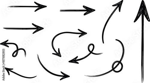 Hand drawn sketch arrow set with straight, curved and looping directions, expressive black vector illustration for navigation, infographics, workflows, and creative design elements