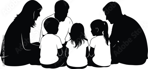 Happy family silhouette sitting together in circle, parents and children bonding moment, clean black vector illustration for family, parenting, education, and togetherness concepts