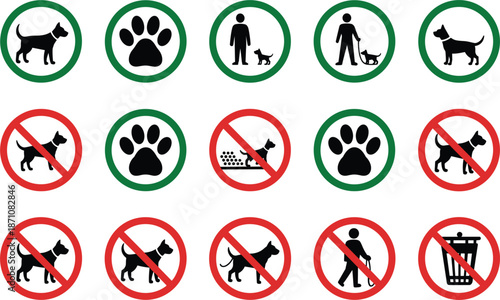 Collection of dog-related signs and symbols in green and red circles on white animal paw print