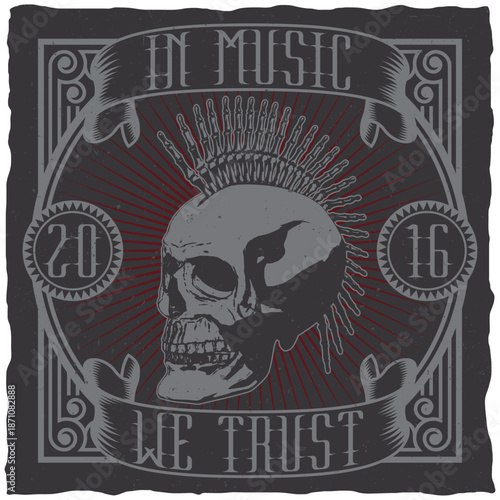 Gray Skull with Mohawk and Red Sunburst Background on Black Square