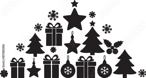 Black and white Christmas holiday including trees stars snowflakes and gifts 2
