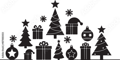 Black and white Christmas holiday including trees stars snowflakes gifts and ornaments 2