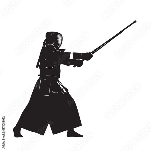 Kendo Fighter Silhouette Practicing Japanese Martial Arts with Shinai Wooden Sword