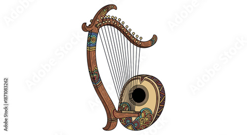 Ornate Lyre Harp with Intricate Decorations and Strings.