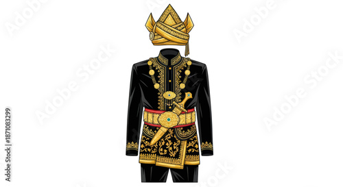 Elaborate Traditional Malay Male Costume with Gold Embroidery and Headgear.