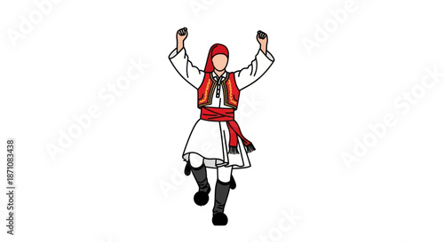 Traditional Greek Dancer in Costume with Arms Raised in Celebration.