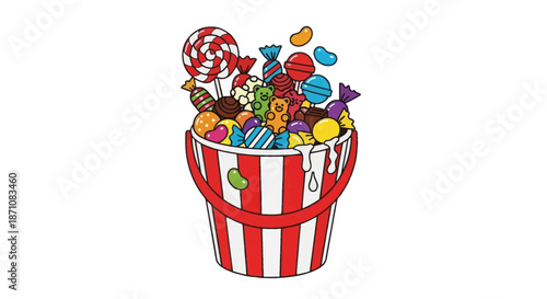 A bucket overflowing with colorful assorted candies and lollipops.