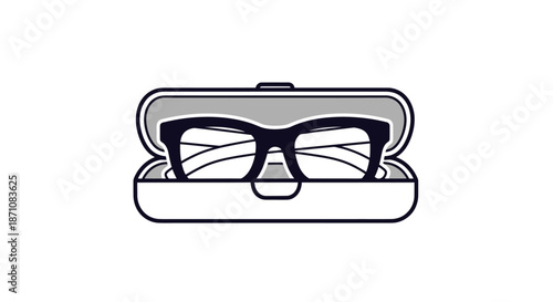 Black framed glasses inside a gray protective case front view.