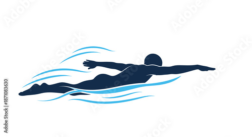 Dynamic Swimmer Silhouette in Water with Stylized Waves.