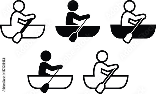 Five black and white icons of people rowing canoes on a white background kayaking boat