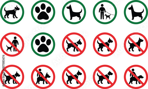 Dog Related Signs And Symbols Collection With Green And Red Circles animal