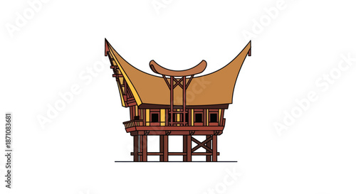 Traditional Indonesian Stilt House with Distinctive Curved Roof Architecture.
