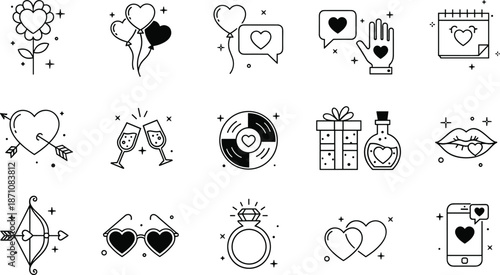 Valentine love outline icon set with hearts, gifts, romance and messaging symbols, clean black vector illustration collection for modern holiday designs
