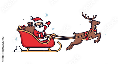 Cartoon Santa Claus in Sleigh with Reindeer Flying.