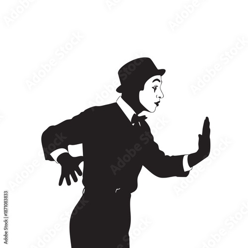 Silhouette of a mime artist in a bowler hat and classic costume, performing a classic invisible wall gesture, illustrating theatrical performance and expressive body language