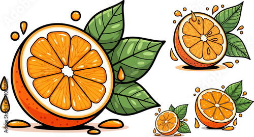 Fresh Orange Halves with Green Leaves and Juice Splashes Vector Illustration