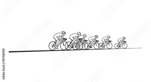 Line Art Illustration of a Group of Cyclists Racing on Bicycles.