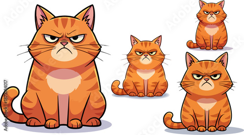 Set of 4 Grumpy Orange Tabby Cat Cartoon Illustrations