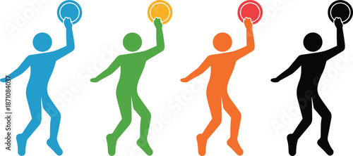 Four Colorful Human Figures Jumping With Rings Above Heads Keywords: human figures, jumping, colorful, rings, blue, green