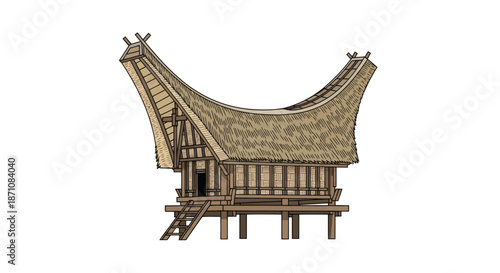 Traditional Toraja House: A Detailed Architectural Illustration of a Tongkonan.