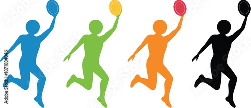 Four Colorful Silhouettes of People Jumping with Plates in Hand leaping person