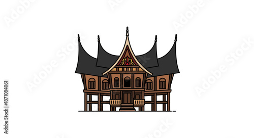 Traditional Minangkabau Rumah Gadang House Illustration with Distinctive Curved Roof.