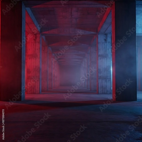Dark room with red blue light.