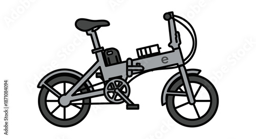 Gray Folding Electric Bicycle with Black Outlines Compact Design and Visible Battery Pack.