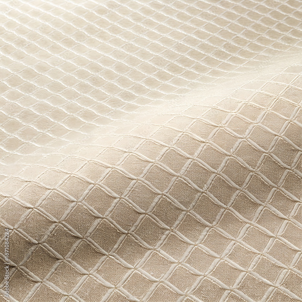 Fototapeta premium Beige quilted diamond fabric textile texture with soft padded surface and intersecting stitch pattern background