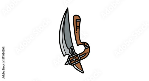 Hand-drawn Cartoon Illustration of a Curved Knife with Handle.