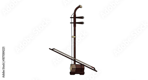 A traditional Chinese Erhu a two-stringed bowed musical instrument made of dark wood with its bow.