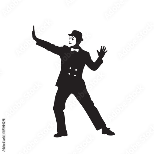 Mime artist silhouette performing on stage, classic silent actor with painted face and bowler hat, embodying a theatrical pose in black and white illustration