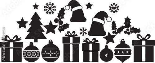 Black and white Christmas themed including Santa hats Christmas tree presents and ornaments