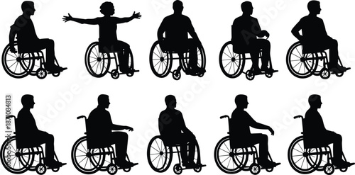 Silhouettes of people in wheelchairs in various poses and orientations disability accessibility