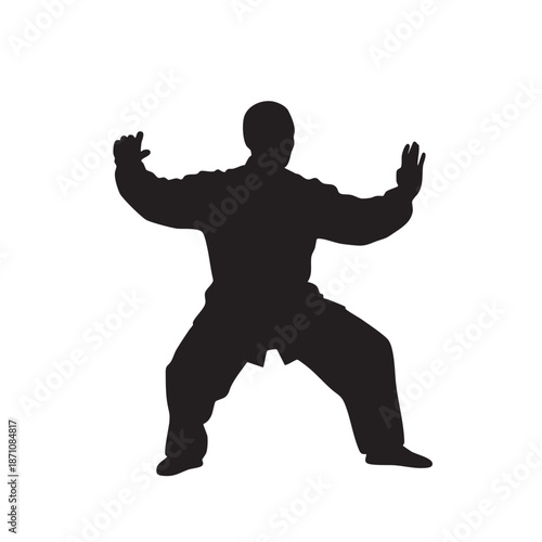 Tai chi master silhouette in a wide, grounded stance, martial arts expert performing a strong, serene form, symbolizing inner strength in black and white illustration