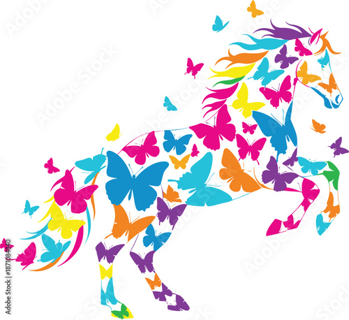 Colorful butterfly horse silhouette illustration, vibrant animal art, creative nature design, abstract rainbow equine artwork vector isolated background
