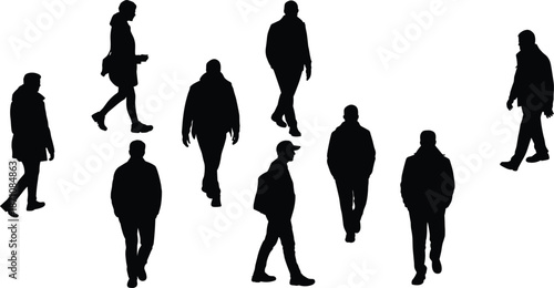 Silhouettes of People Walking in Different Poses and Directions Keywords: silhouette, people, walking, figures, human, crowd