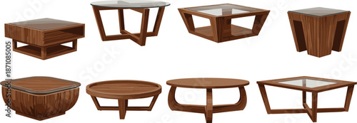 Collection of modern wooden coffee tables with glass tops, various geometric shapes for living room furniture design, isolated vector illustrations on white background.
