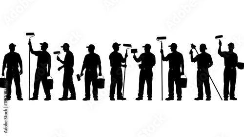 A row of black silhouettes depicting various painters and handymen holding tools.