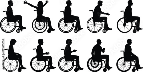 Ten Silhouettes of People in Wheelchairs in Various Poses and Activities disability accessibility